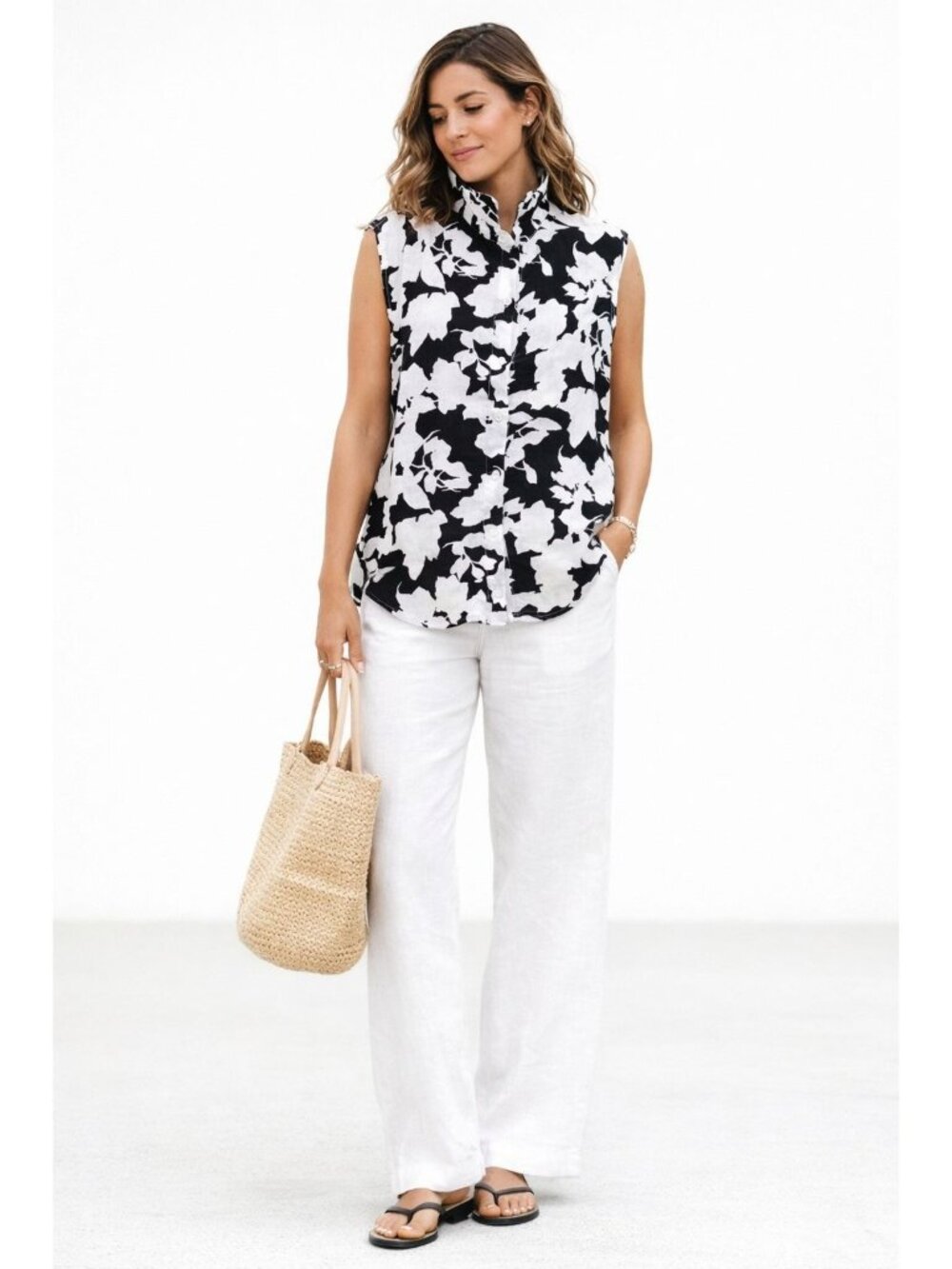 J.Jill 100% Line Black White Floral Sleeveless Women XL Blouse Sustainable Resor